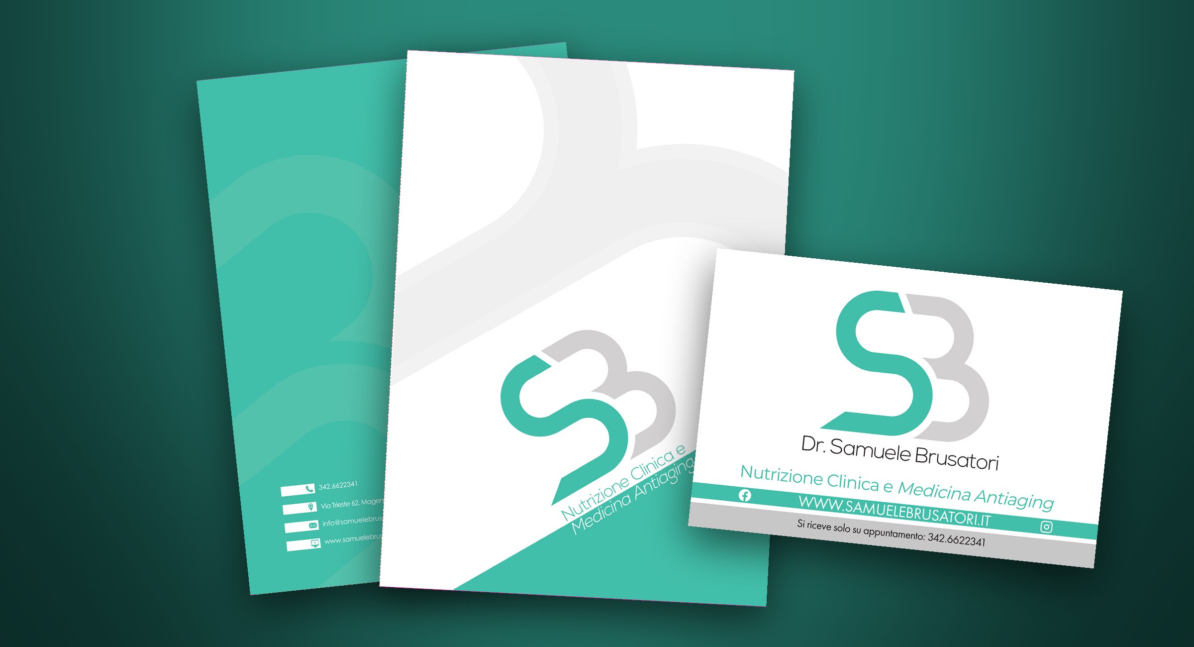 Dr. Samuele Brusatori — Logo and corporate identity — The folder and the practice plaque with the SB monogram.