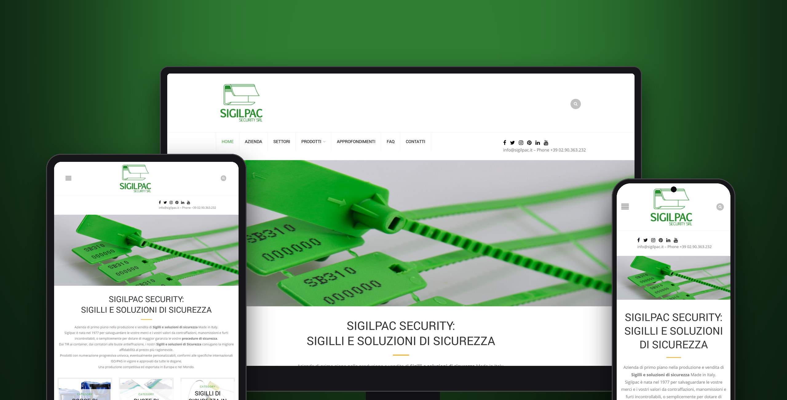 Sigilpac — La home: i sigilli in plastica in apertura, poi le sei famiglie di prodotto.