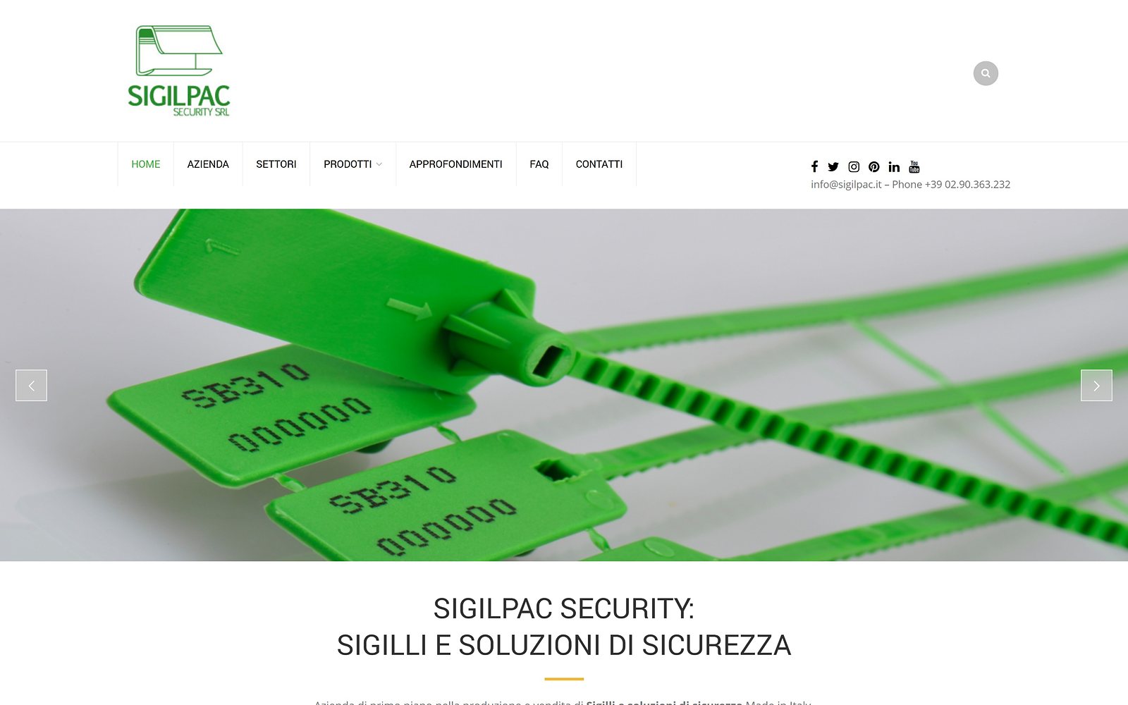 Sigilpac — The home page: plastic seals at the top, then the six product families.