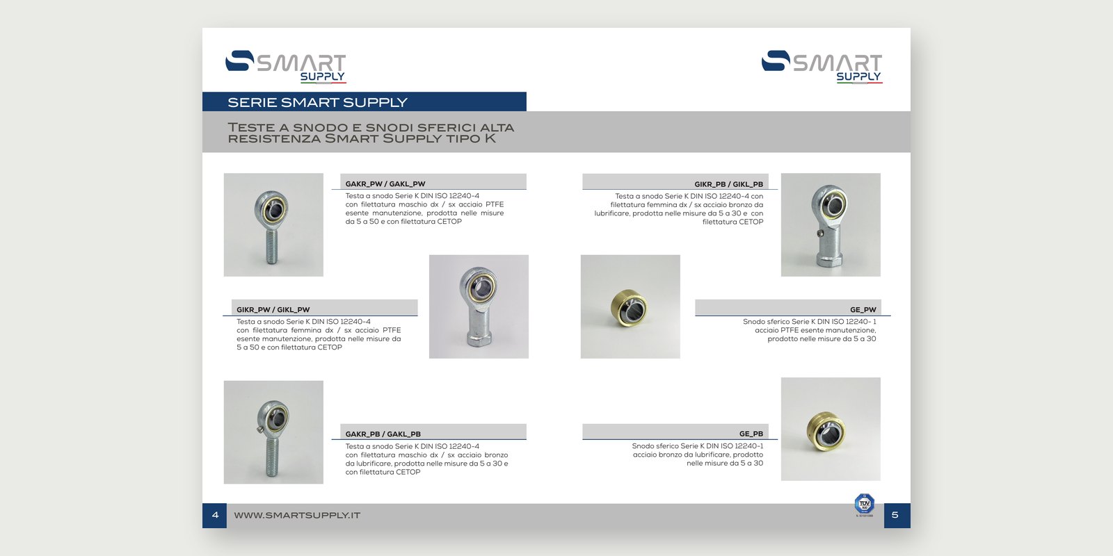 Smart Supply — Catalogue and brochure — Catalogue: one series per page, with codes and descriptions next to each item.