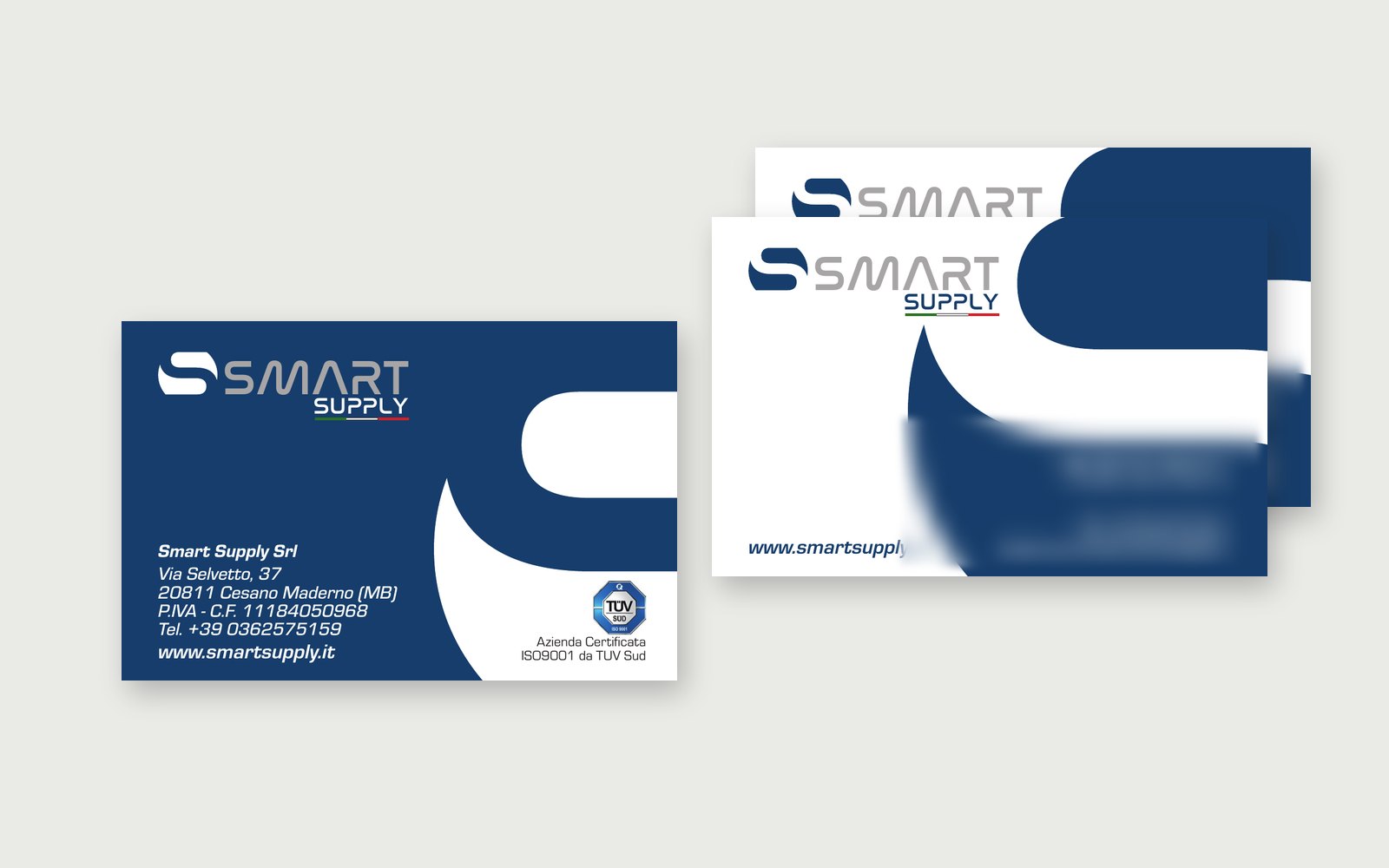 Smart Supply — The business cards, front and back. Personal details are blurred.