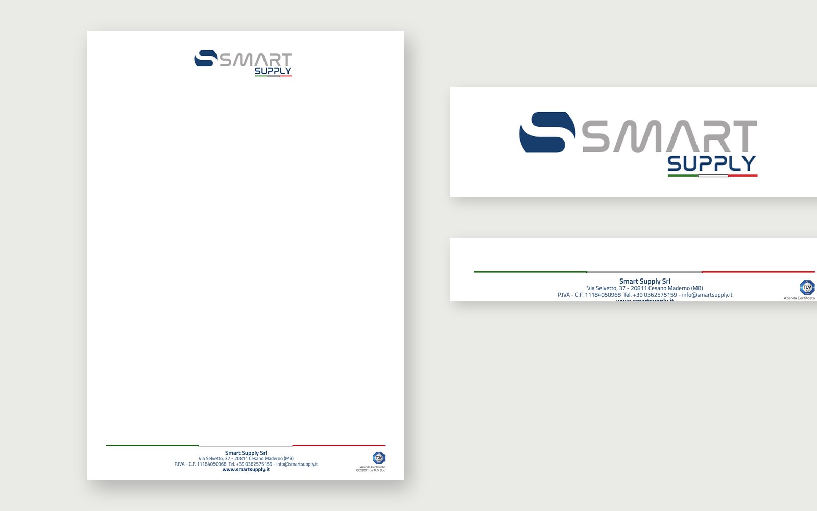 Smart Supply — The letterhead: the brand at the top, company details at the foot between two tricolour rules.