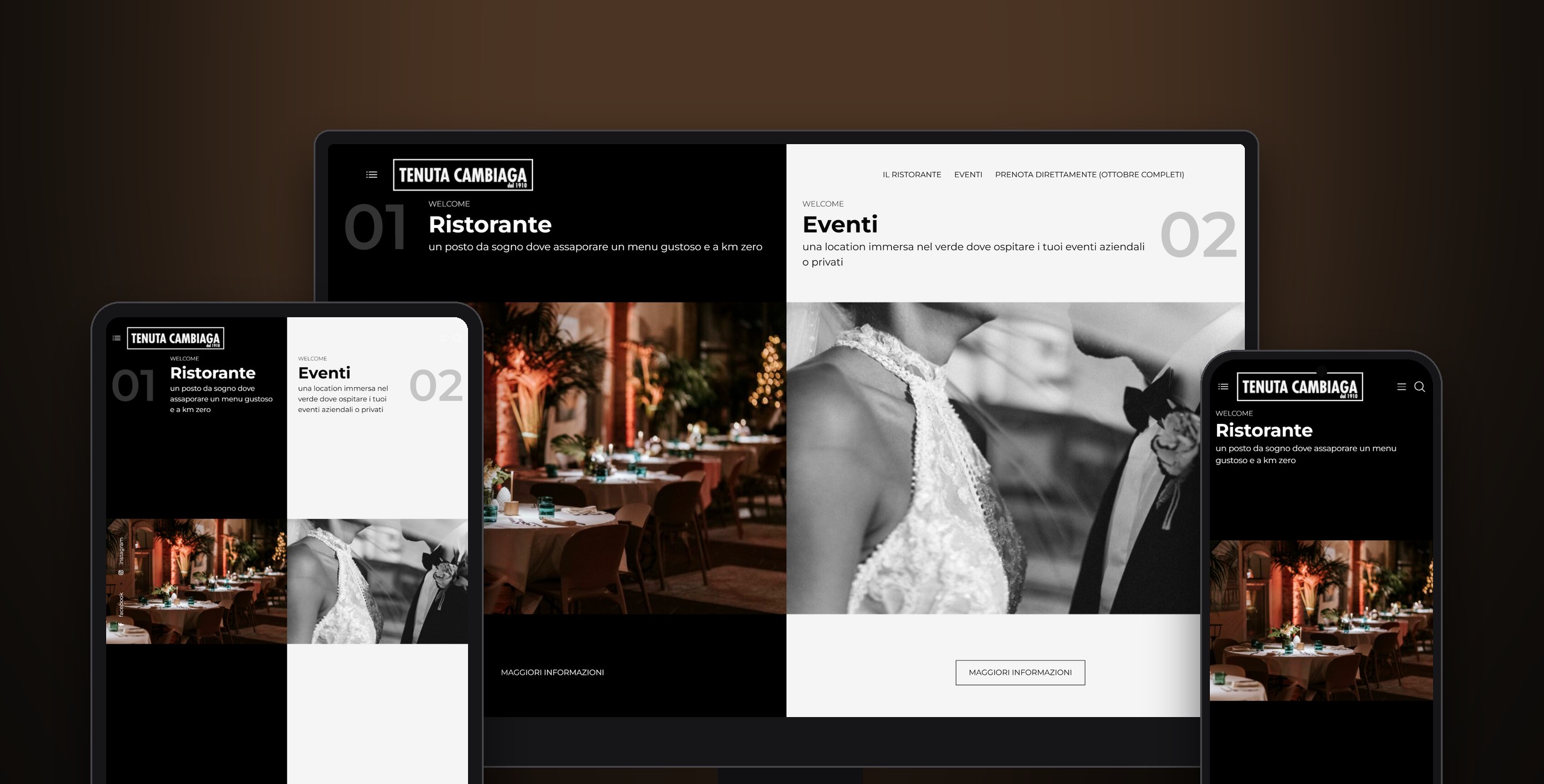 Tenuta Cambiaga — The entry page: the restaurant on the left, events on the right.