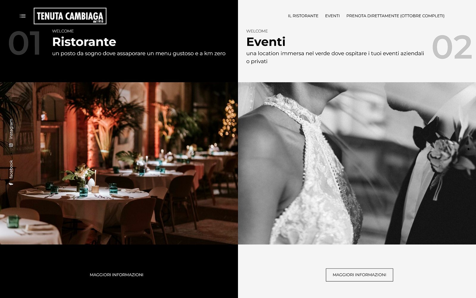 Tenuta Cambiaga — The entry page: the restaurant on the left, events on the right.